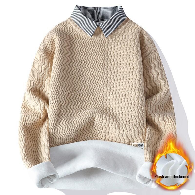 2024 Men's Autumn/Winter Loose Knit Sweater with Shirt Collar, Plus Velvet Two-Piece Look
