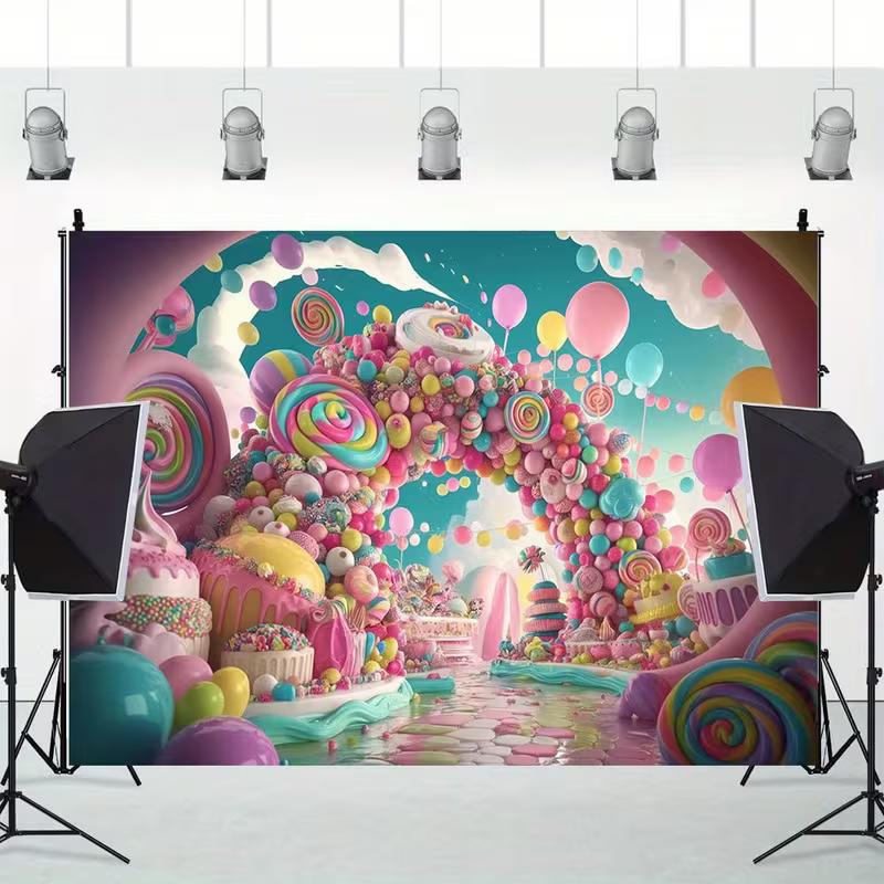 2D Whimsical Sweet Party Backdrop with Candies & Balloons Photo Booth Background