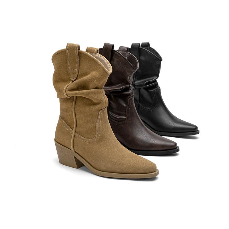 Retro Suede Western Cowboy Boots for Women 2024 Autumn New Collection Coarse Heel Pointed Fold Stacked Boots Knight Boots