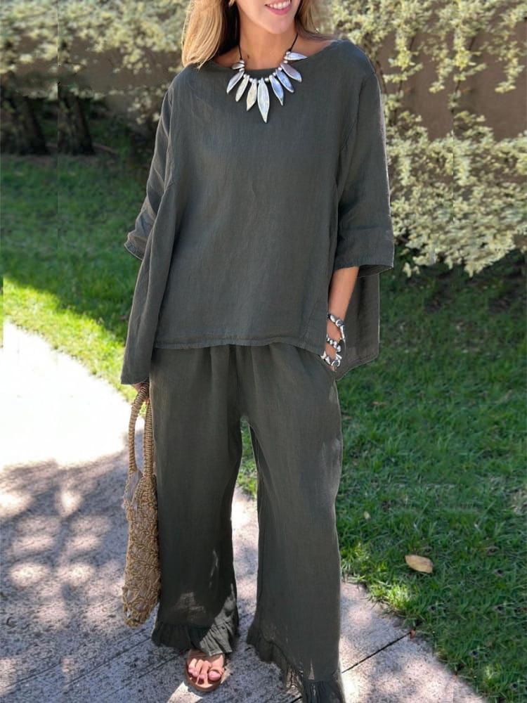 

2025 Women s Cotton-Linen Two-Piece Set: Solid Color Loose Casual Long Pants for Autumn & Winter M серый