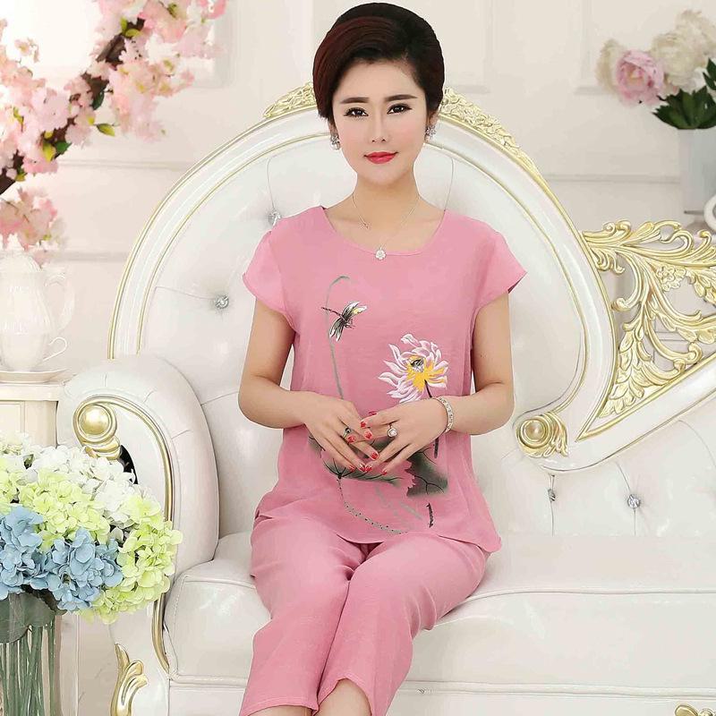 Women's Summer Cotton Linen Pajama Set – Short-Sleeve Two-Piece for Middle-Aged & Elderly, Versatile for Home or Outdoor Wear
