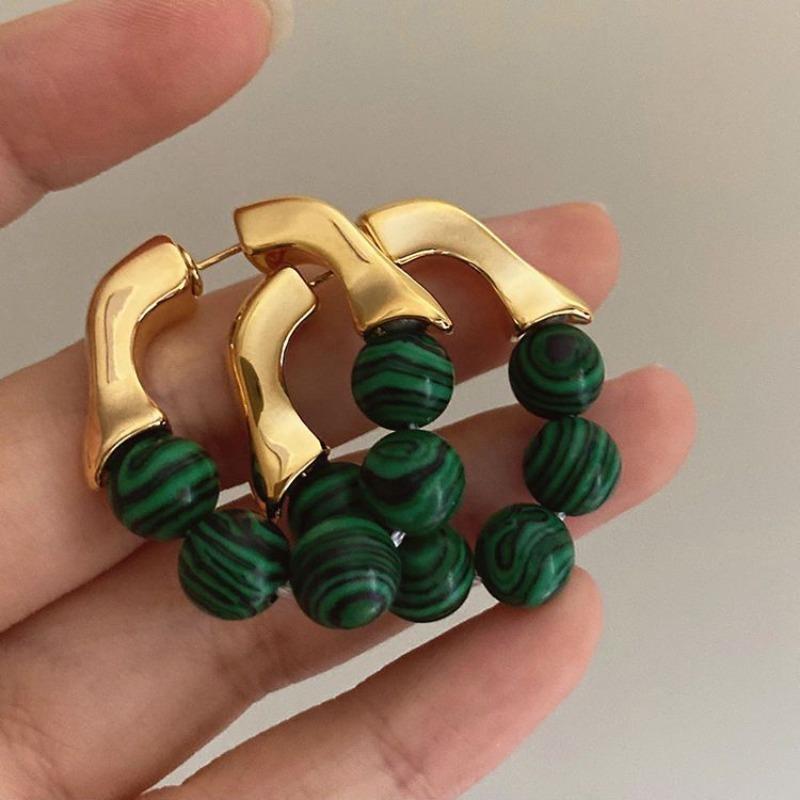 

1 Pair of Retro Trendy Green Color Bead Geometric Hanging Earrings, Women s Personalized Classic Ethnic Style Accessory Gift