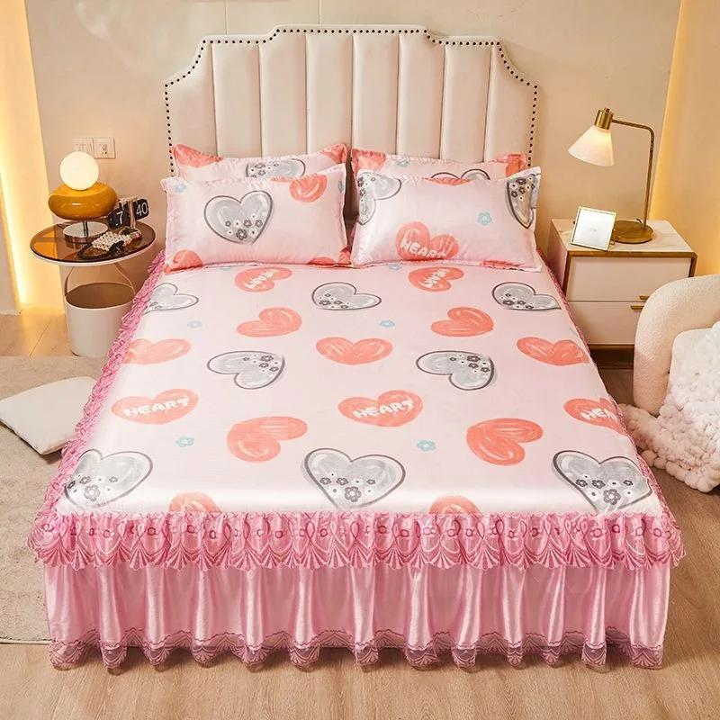3pcs/set 2024 Summer Lace Bed Skirt Ice Silk Mat Printed Korean Lace Cool Mat Set Retro Single AndDouble Air Conditioned Bed Mat