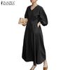 ZANZEA Women Casual V-Neck Loose Long Sleeve Solid Color Dress
