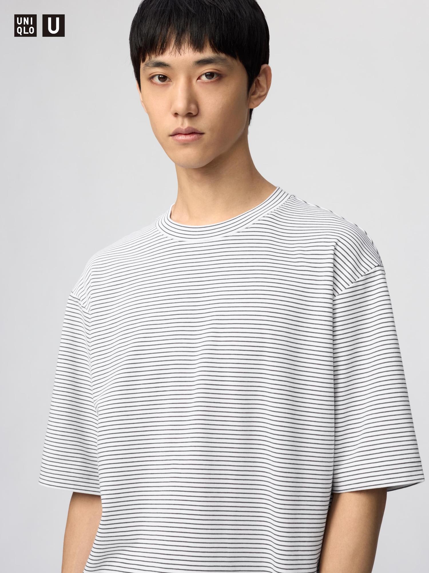 Uniqlo Япония Хлопковая футболка оверсайз в полоску Air Rhythm 00 WHITE/M