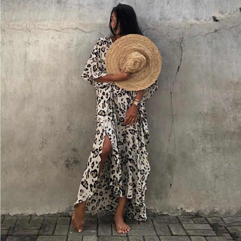 Strandkleid mit Leopardenmuster und Polka Dots in Übergröße für Damen, locker geschnitten, lang, zum Überziehen, Badeanzug