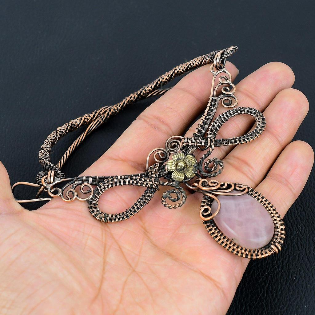 Rose Quartz Necklace Handmade Jewelry, 999 Copper Wire Wrapped Necklace Designer Gemstone Jewelry Adjustable Chain Necklace Gift For Mom