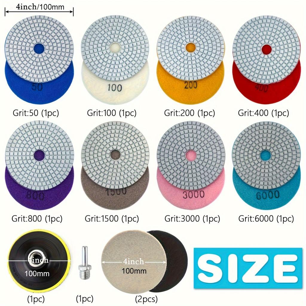 

12Pc 4 Wet/Dry Polishing Pads – 50-6000 Grit, for Concrete, Marble, Quartz + Adapter 12pcs