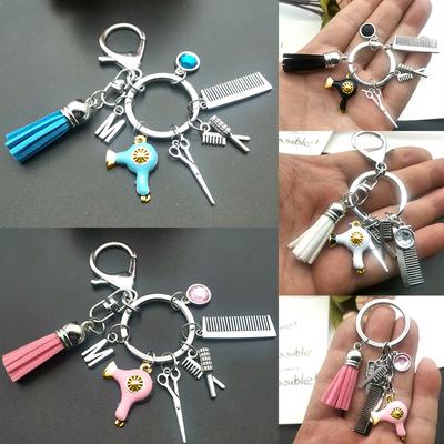 1PC Mini Hairdressing Hairdressing Tool Scissors Comb with Tassel Hair Dryer Keychain Key Buckle Hairstyle Gift