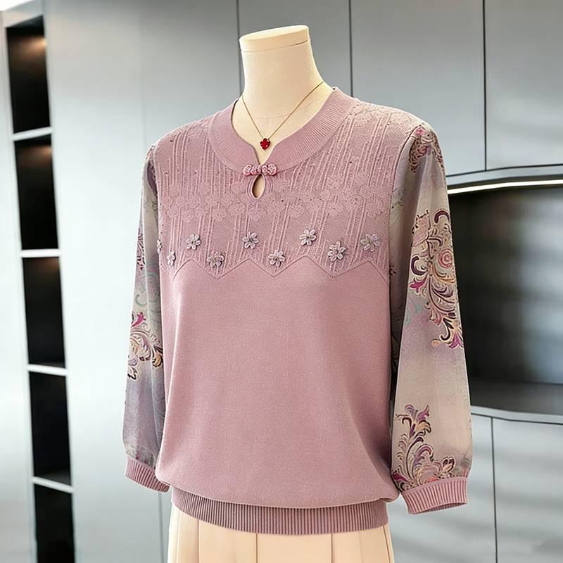 

Mom s Spring/Summer Ice Silk Chinese Seven-Sleeve Top for Middle-Aged Women - Stand Collar Gauze Blouse XL (85-100 jin)