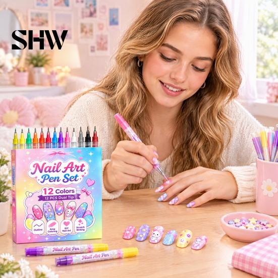 Dual Tip Nail Art Tools 12Pcs Markers for Girls, 12 Colors Markers, Broad & Fine Creative Beauty Crafts Kids Polish Pens, Quick Dry DIY Manicure