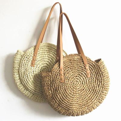 Strohtasche Damenmode-Umhängetasche mittig runder handgewebter Bohemian-Strandtasche aus Rattanstroh