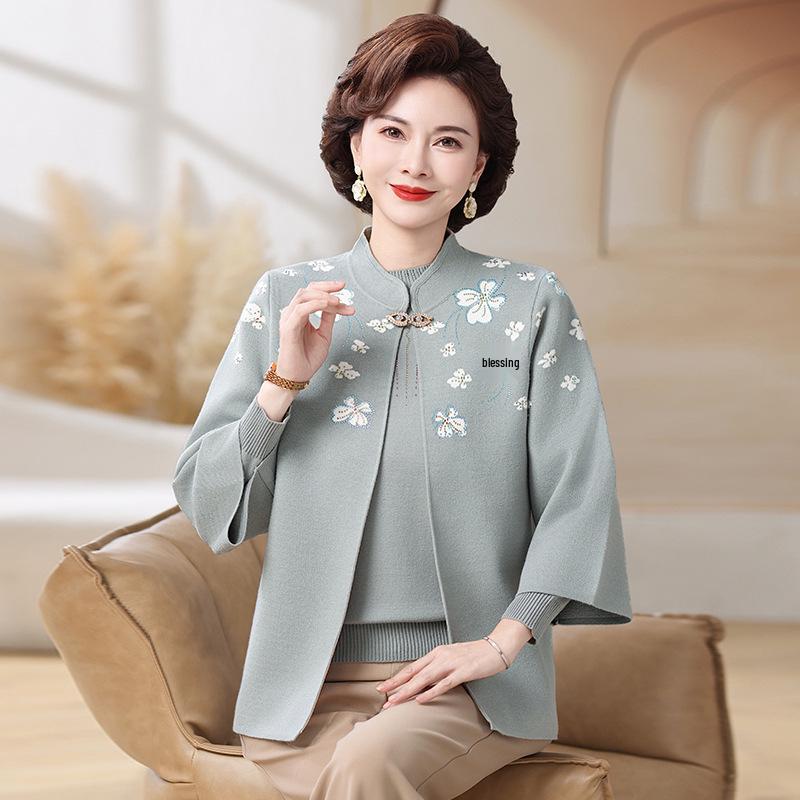 2025 Mom's Spring & Autumn Knit Two-Piece Set for Middle-Aged & Elderly Women - Sweater & Cardigan Coat