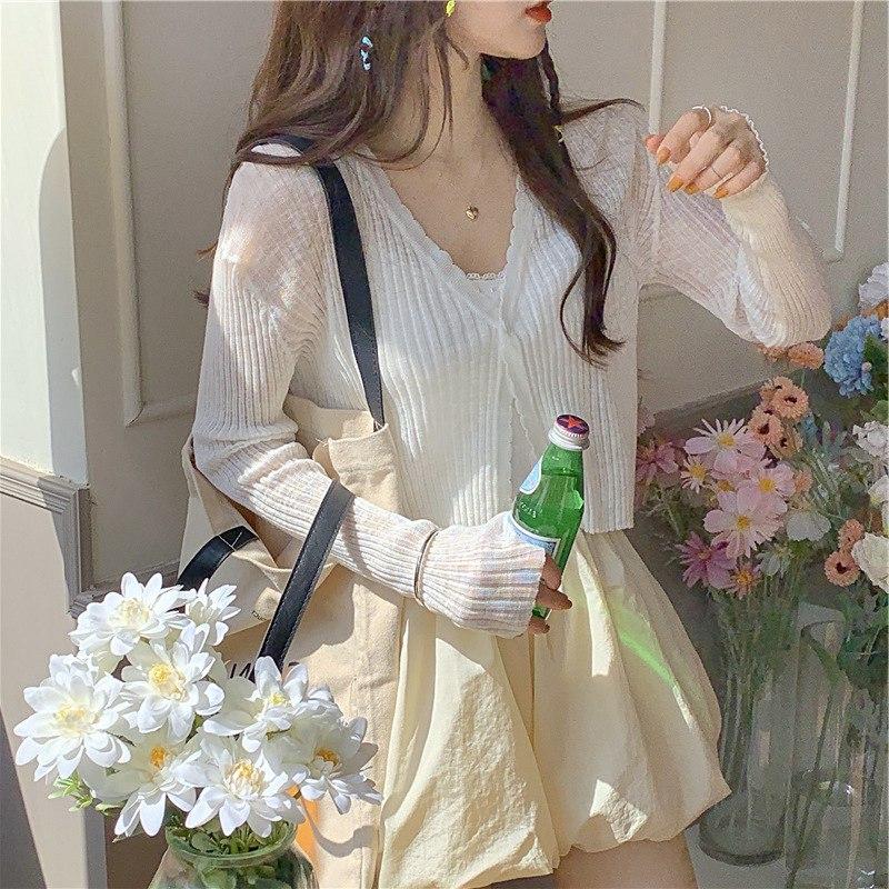 Summer Women Thin V-Neck Knitted Cardigan Single-breasted Ice Silk Air-conditioning Shirt Outside Sunscreen Top
