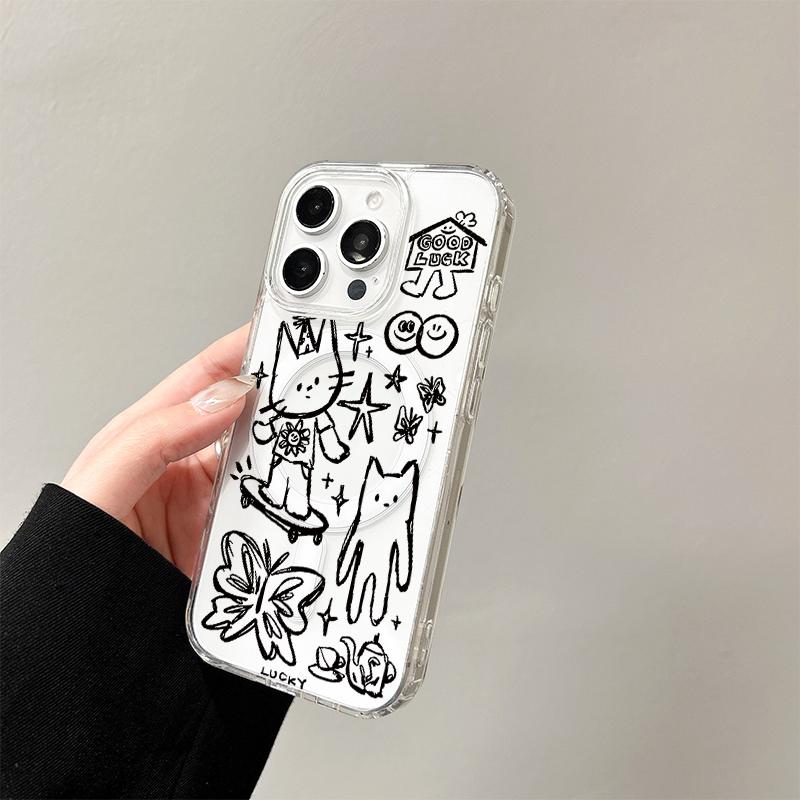 Cool Graffiti Cat Wireless Charging Case for iPhone 17 Air 16 E 15 14 Plus 13 12 Mini 11 Pro Max Transparent Silicone Edge Cover