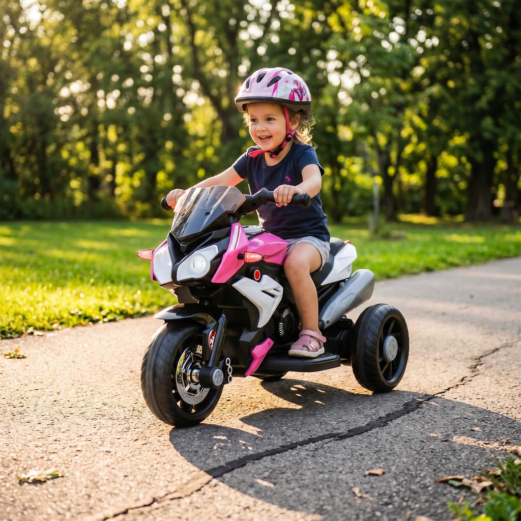 Kids Electric Motorcycle, 6V Ride on Motorcycle with 3 Wheels, LED Headlight, Music, Horn for Boys Girls 3-5 Years, Pink