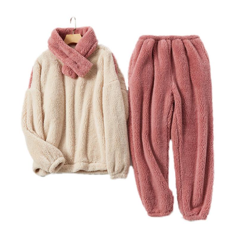 Thicken Coral Fleece Pajamas Set Women Winter Warm Vintage Casual Kawaii Sweet Girl Suit Homewear Plus Size Two-piece Suit Chic