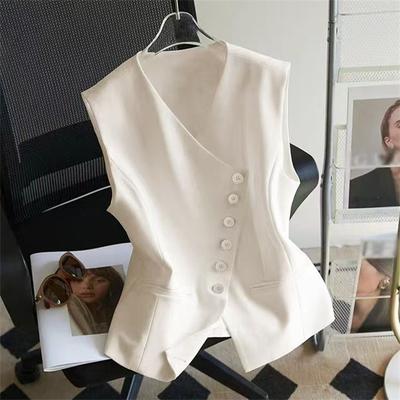 Spring Autumn V-neck Sleeveless Ladies Blazer Vest Coat Single Breasted Short Women's Suit Waistcoat Jacket