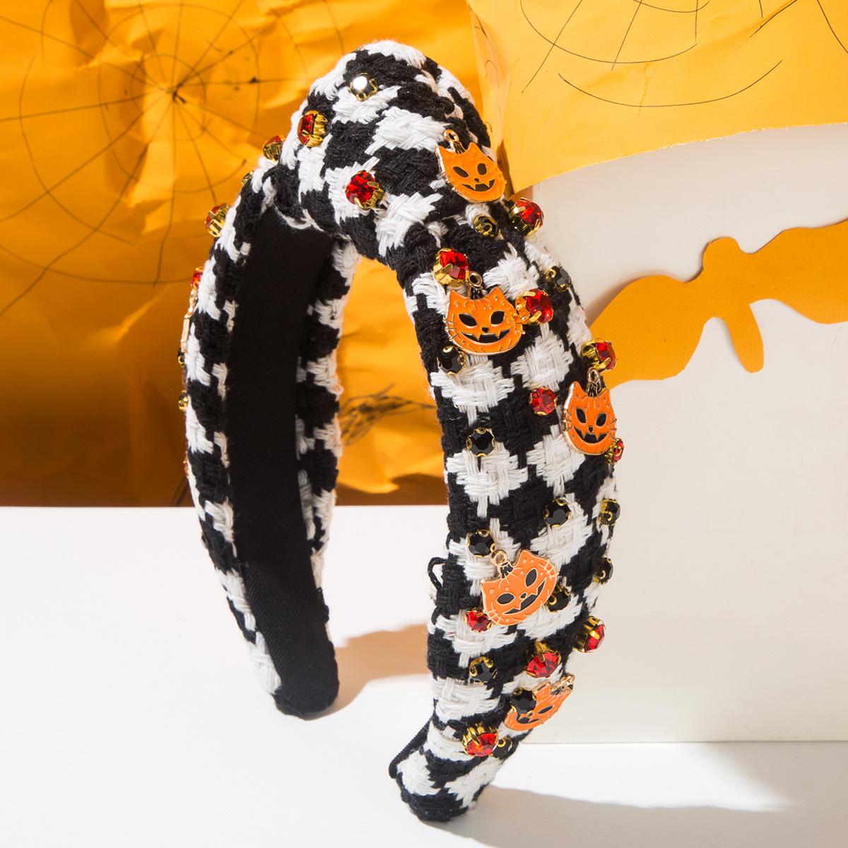Cross-border New-style Halloween-themed Cloth Headband for Women Diamond-encrusted Black cat Skull AccentsEuropean-American