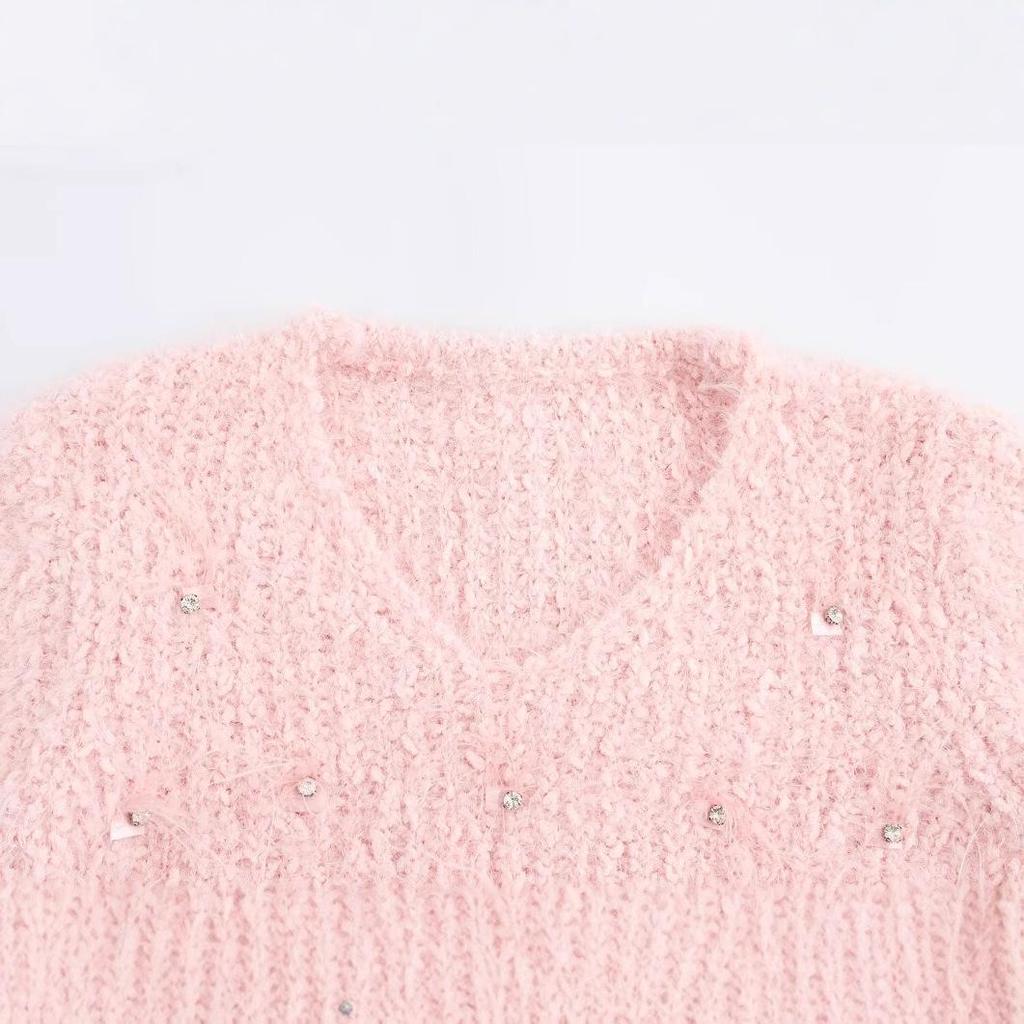 2024 Winter Women's Rhinestone V-Neck Fuzzy Knit Pullover Sweater