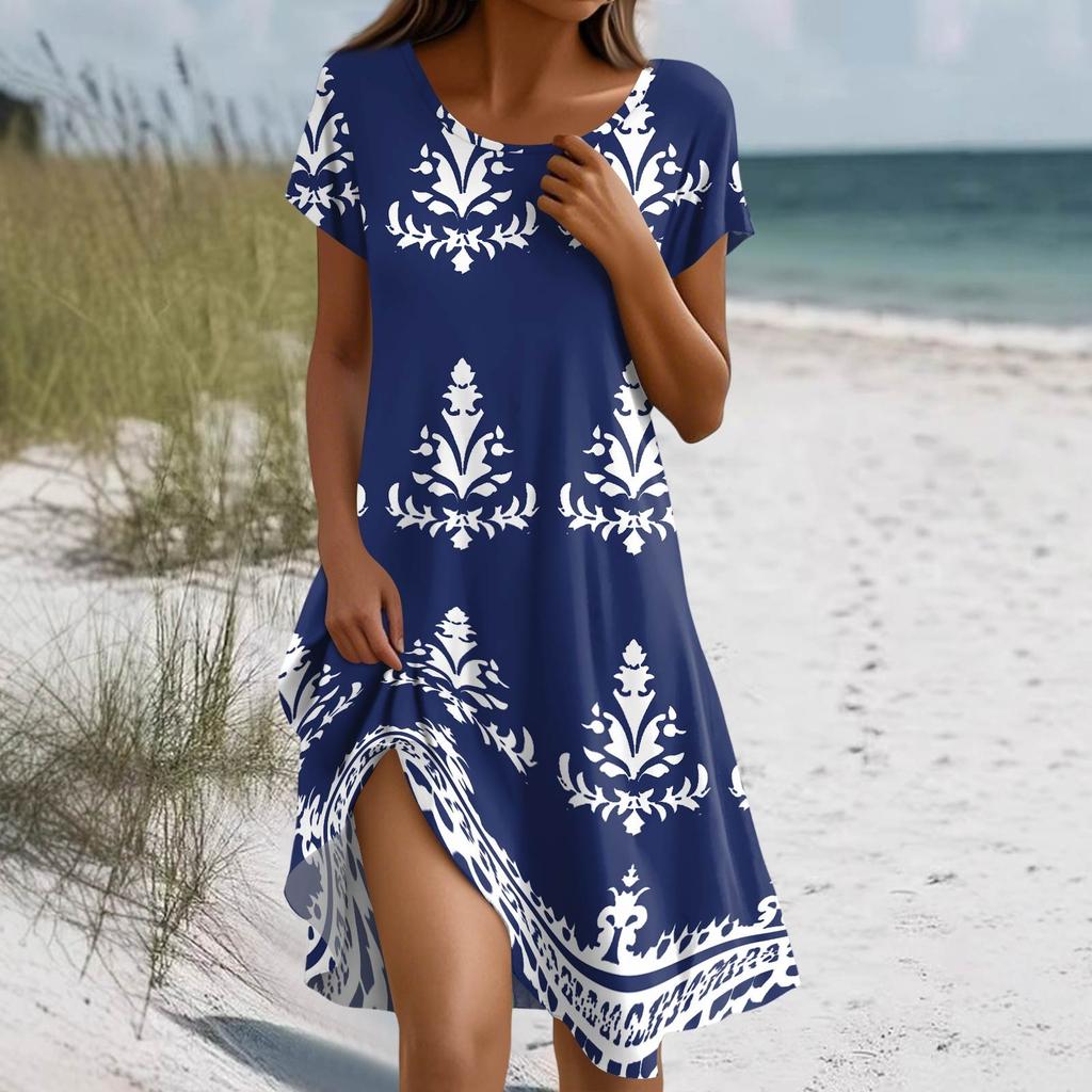 Women's Summer Short Sleeve Round Neck Floral Print Bohemian Dress With Pockets