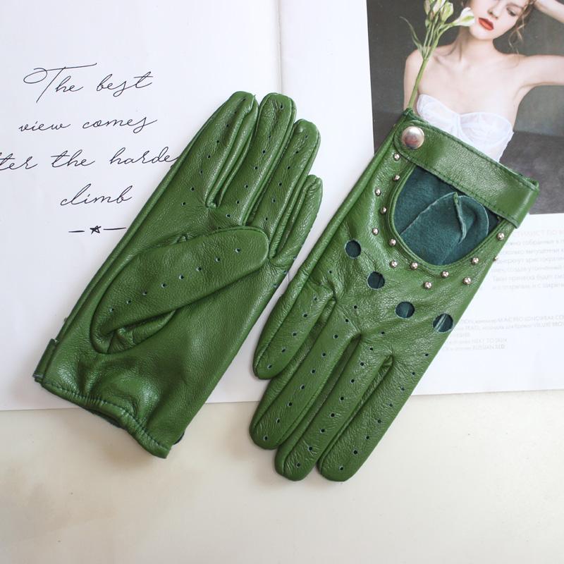 New Women's Sheepskin Gloves Thin Unlined Rivet Style Colored Driving Leather Gloves