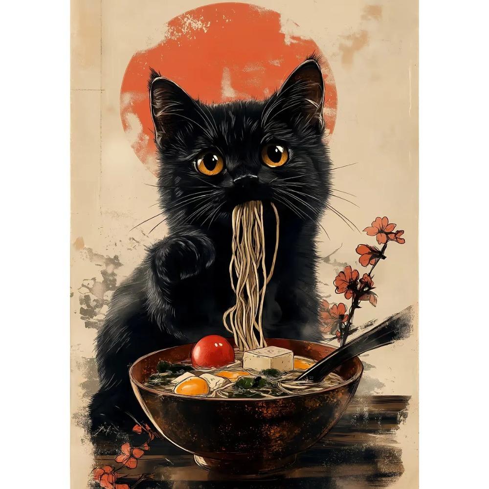Japanische Katze isst Nudeln Leinwandposter Katze Kaffee Bonjour Mon Amour Küchenwandkunst Drucke für modernes Wohnzimmer Heimdekor