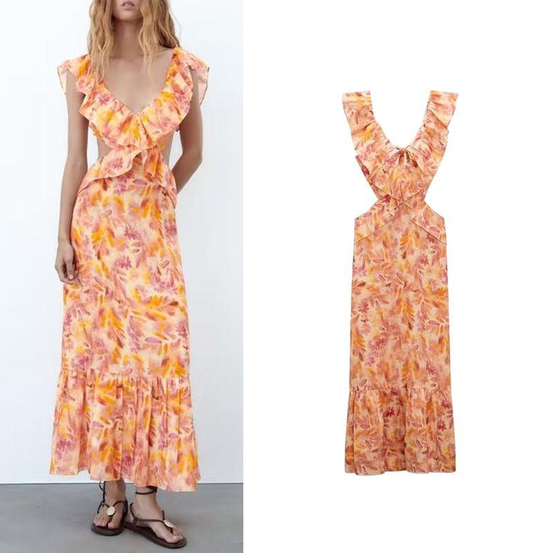 Spring New French Style Evening Dress Backless Design Laminated Decoration Print Midi Dress 2731245