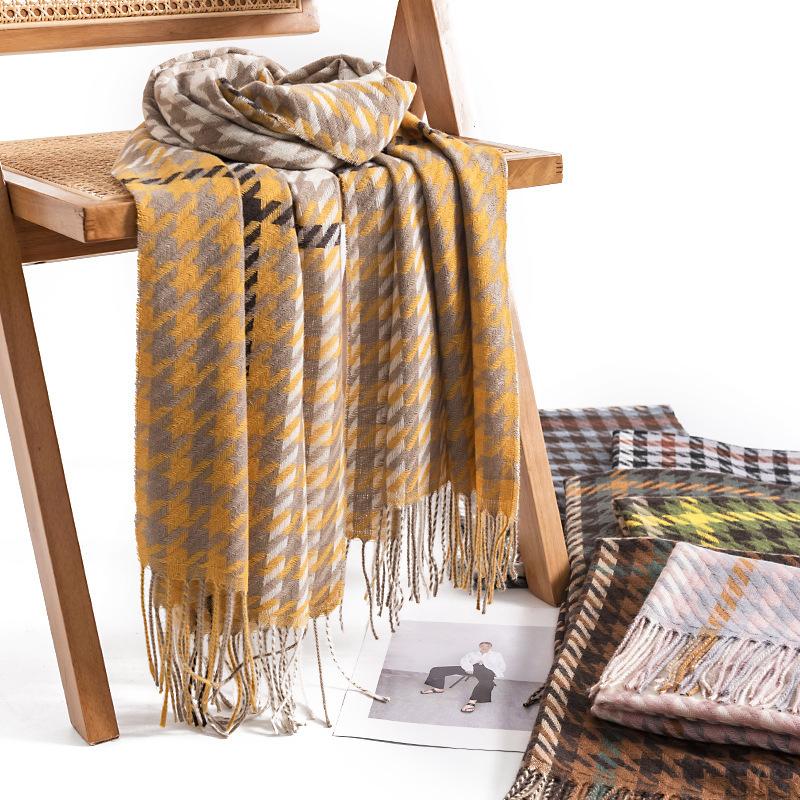 Fashion Contrasting Houndstooth Fringed Scarf for Women Winter New Fashion Warm and Versatile Imitation Cashmere Large Shawl
