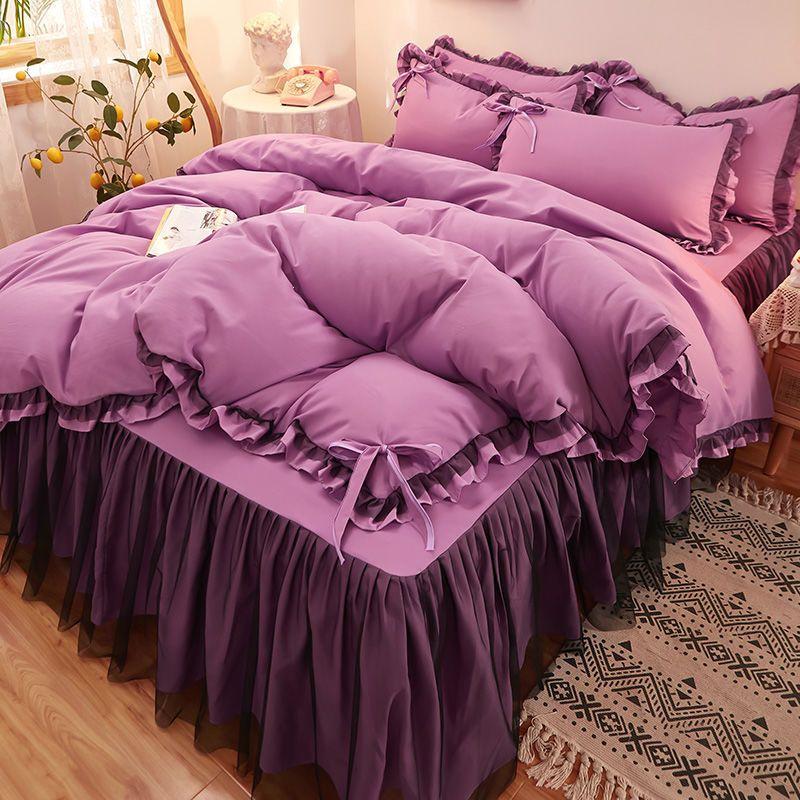 Korean Style Lace Flannel Bed Set: Princess Three-Piece Non-Slip Bedspread and Floor-Length Bed Sheet with Duvet Cover
