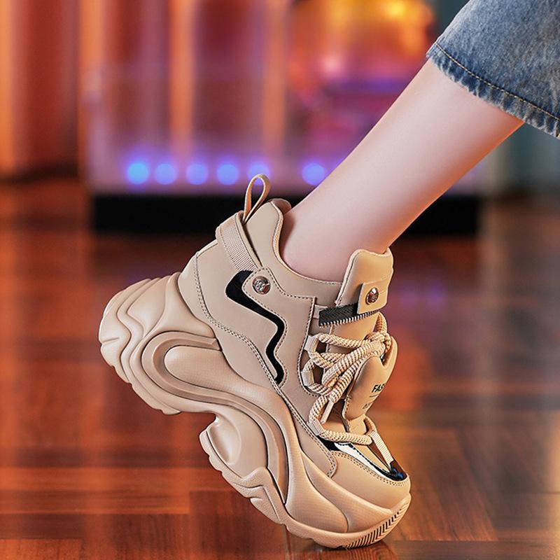 Height Increasing Insole Women's Shoes Authentic Leather Clunky Sneakers Spring New All-Matching Platform Shoes Thick Sole Lightweight Casual Sneaker