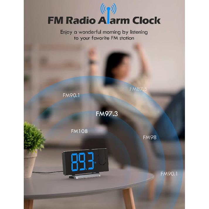 Projection Alarm Clock with FM Radio, USB Charging Port, 0-100% Dimmer, Dual Alarms, HD LED Display, 30 Preset Stations, Sleep Timer, 5 Alarm Sounds,