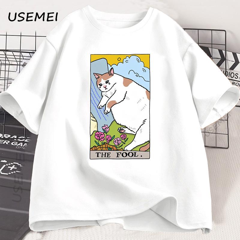 Sad Cat Meme The Fool Tarot T-Shirt Men Women Witchy Clothing Crying Cat T Shirt Casual Oversized T-shirts Streetwear Clothing