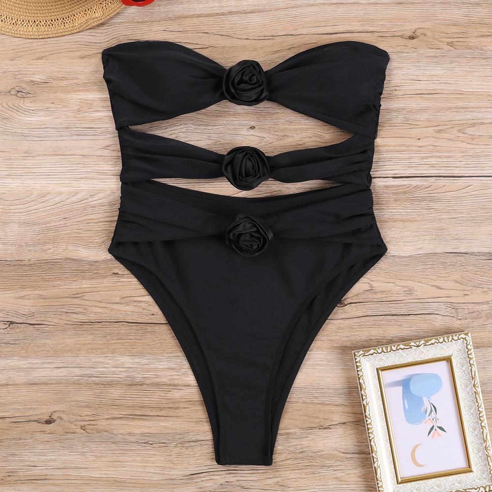 

Женская мода, сексуальный цельный купальник-бикини, сплошной 3D цветочный монокини с подкладкой, горячий весенний купальник, купальный костюм с открытой спиной XL чёрный