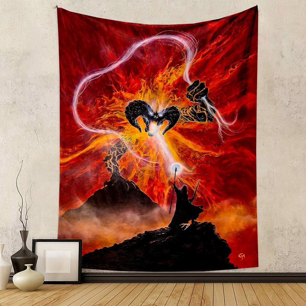 A fiery battle scene with a demon-like creature and a wizard on a cliff. Patterned tapestry for bedroom and living room home decor