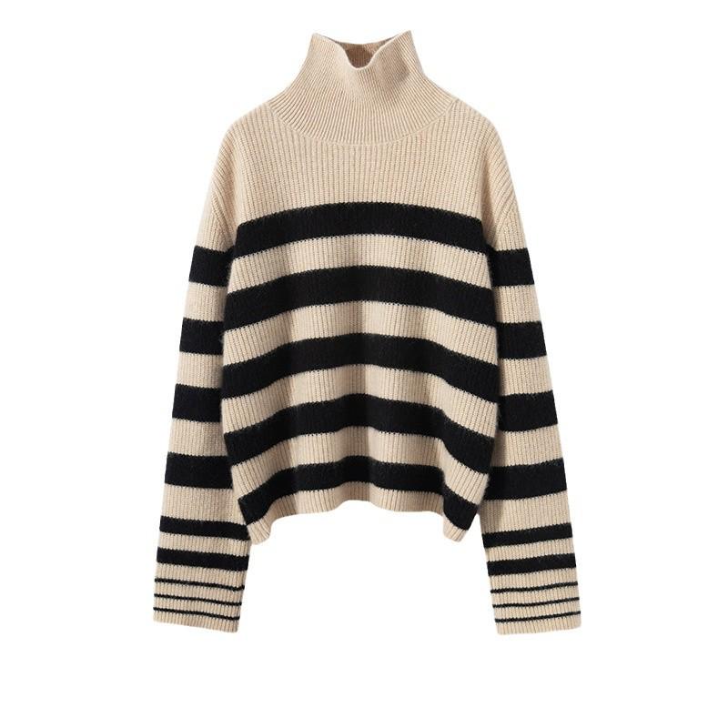 Women's Cashmere High-Neck Striped Sweater, Loose Fit, Autumn/Winter Casual Knitwear