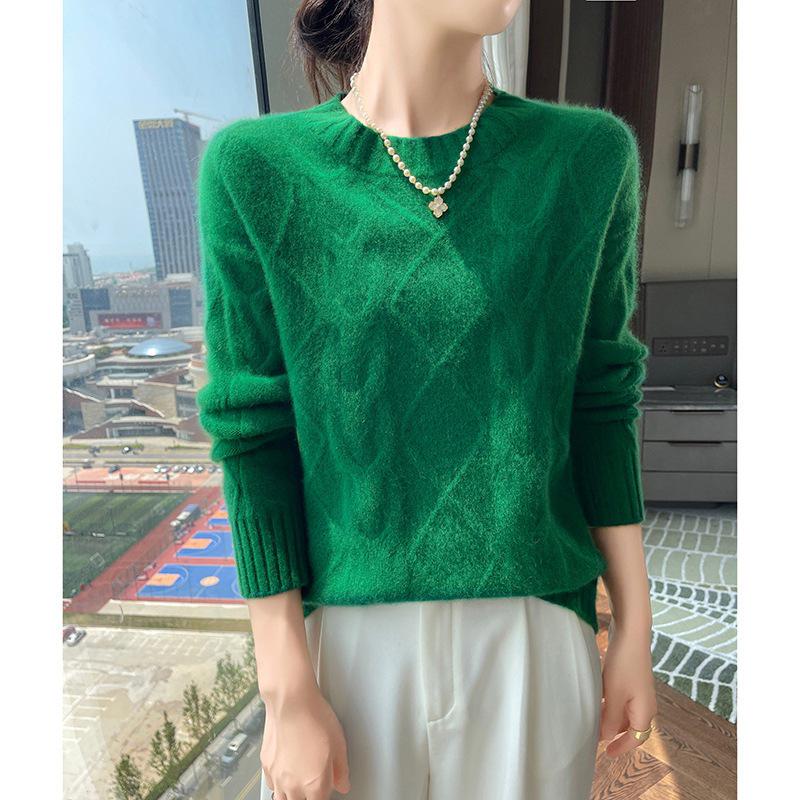 Women's Soft Cashmere Sweater, Round Neck, Diamond Jacquard, Thick Knit, Loose Fit, Base Layer