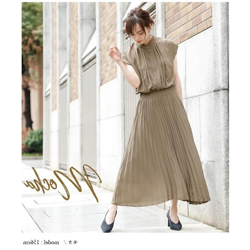 Women Sleeveless Stand Collar Dress Chiffon Pleated Midi Dress High Waist Slim Fit Solid Color Japanese Commuter Dress