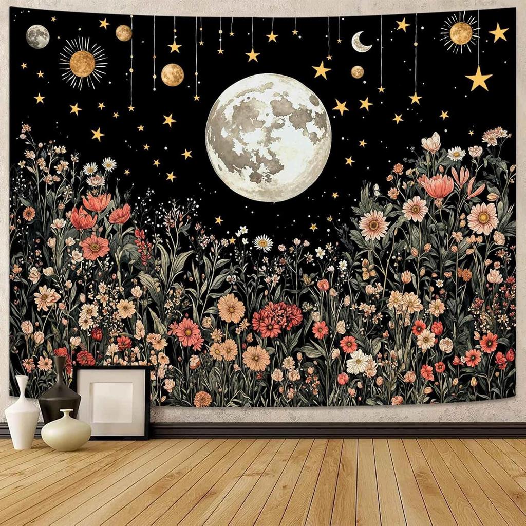 Celestial Sun Mushroom Skull Wall Tapestry  Moon Phase Botanical Wall Hanging for Bedroom and Living Room Decor  Boho Forest