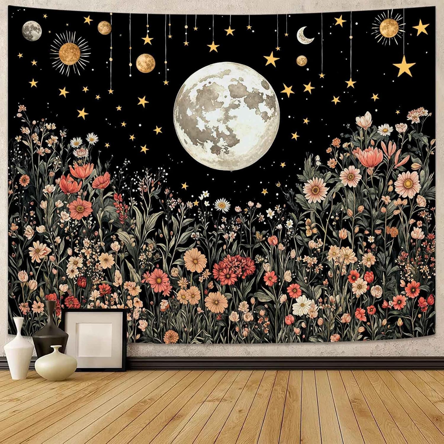 Celestial Sun Mushroom Skull Wall Tapestry Moon Phase Botanical Wall Hanging for Bedroom and Living Room Decor Boho Forest 74x94cm(29x37in)