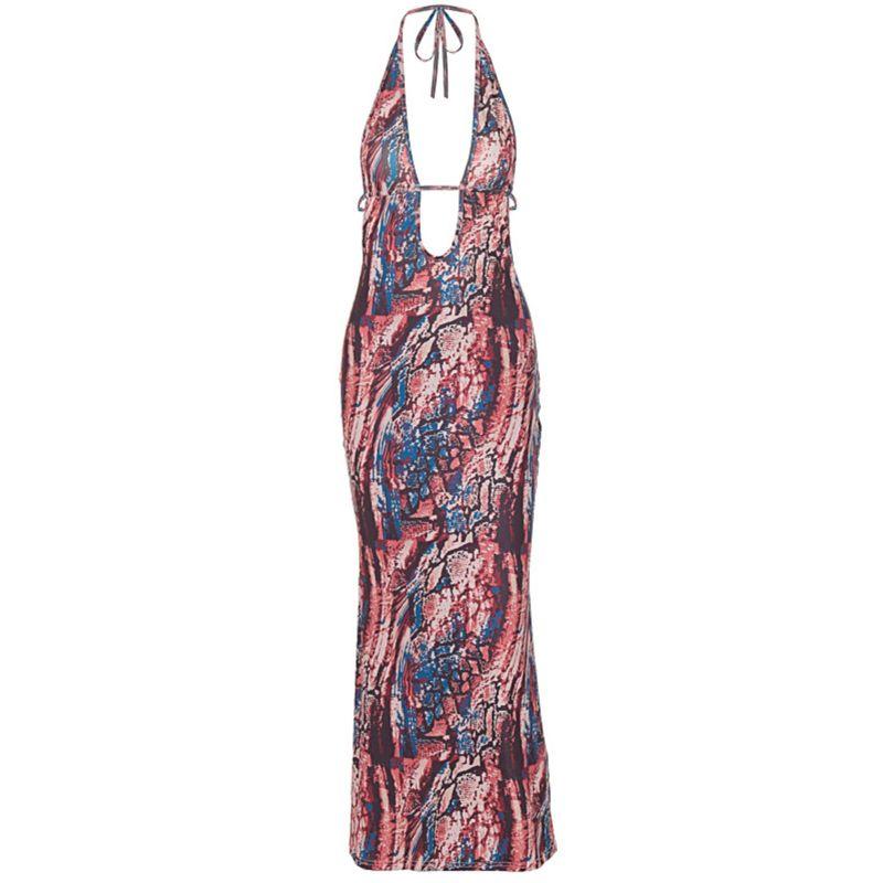 2024 European and American Summer New Slim Fit Sexy Gyaru Style Print Sling Hanging Neck Dress Foreign Trade