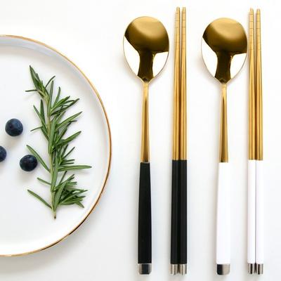 French Blanc Cutlery Set for 2 Gold, 1 Set, Black (spoon+chopsticks)+white (spoon+chopsticks), Black Gold+white Gold, Korean Popular Tableware