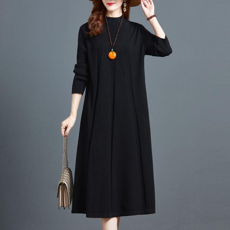 

Длинное трикотажное платье до колена для женщин на осень и зиму, однотонное, свободного кроя, больших размеров, платье-свитер, свитер с полувысоким горлом, платье А-силуэта XL чёрный