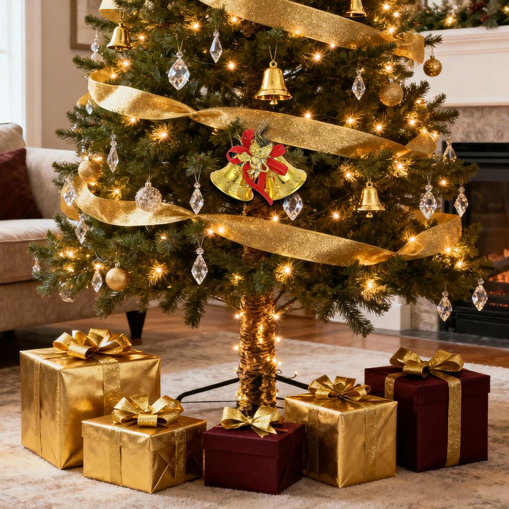 8Pcs Christmas Bells Ornaments Shatterproof Golden Plastic Mini Bells Red Bow Garland Xmas Tree Decoration Gold Tree Ornaments