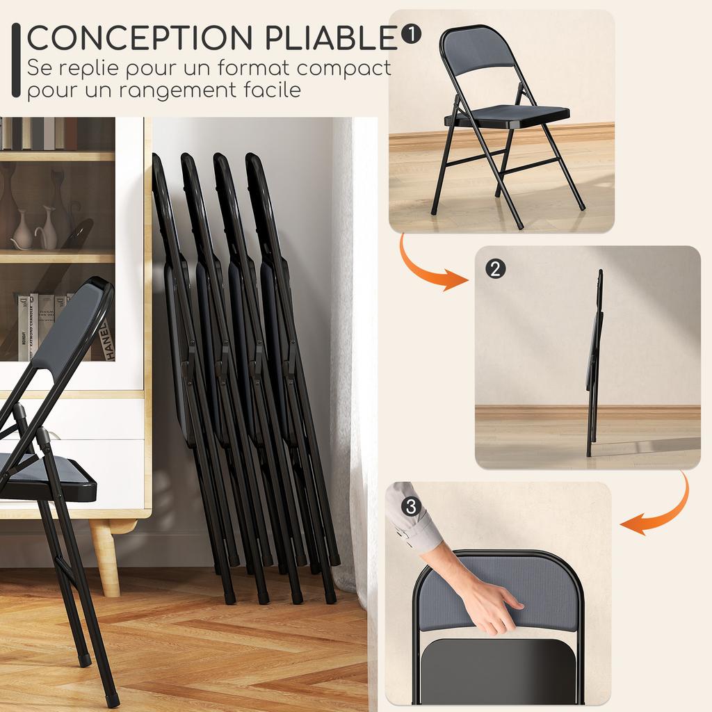 Folding Chairs, Set of 4, Steel Frame, 45 x 46 x 78 cm, Grey