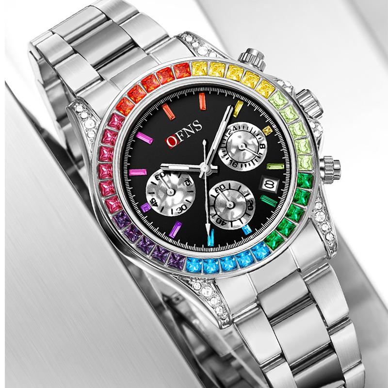 Quartz Luxury Mens Round Imitation Color Diamond Watches Movement Waterproof Men Wristwatches Week Display Male Clock