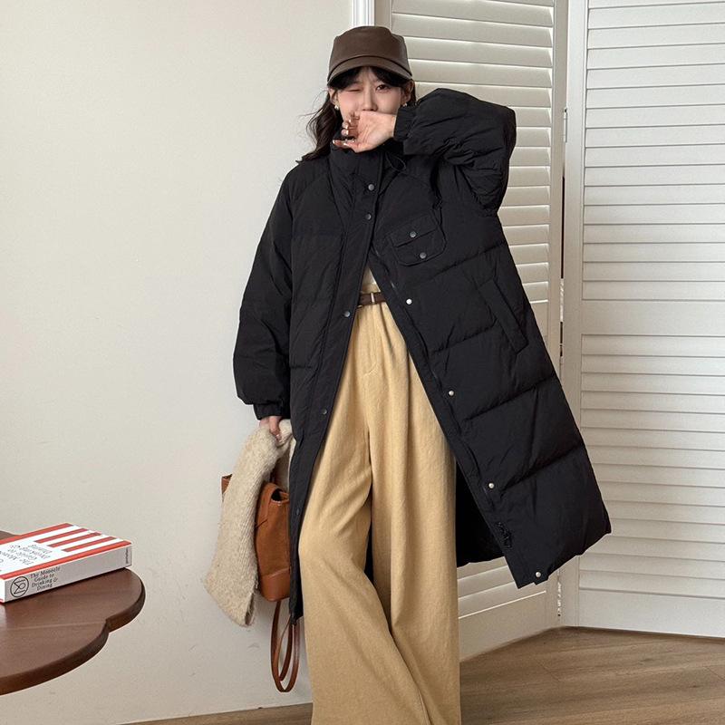 Stand-up collar drawstring long down jacket women's 2024 winter new fashion Korean small sweet knee coat tide