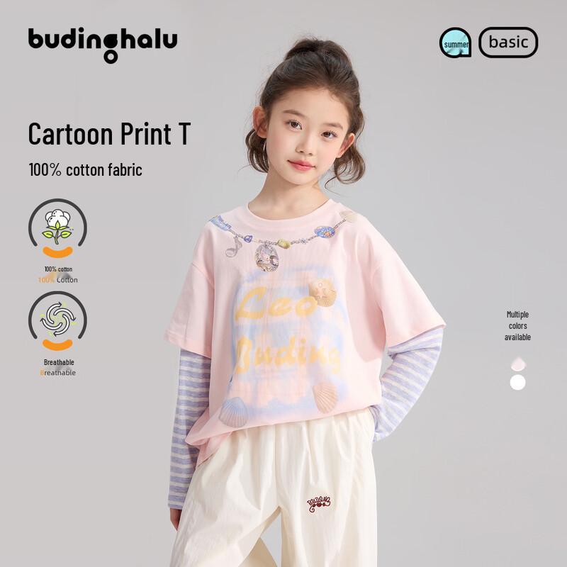 Girls 100% Cotton Faux Two-Piece Striped Sleeve Cartoon Print T-Shirt 150
