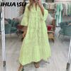 IHUASU 8 Colors S-5XL Women's Fashion Summer Spring Solid Color Print 3/4 Sleeve V-Neck Casual Dresses