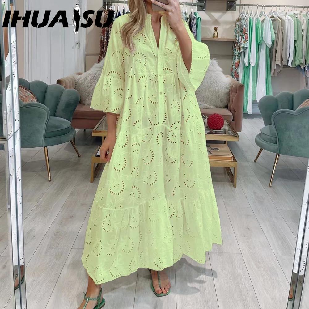 IHUASU 8 Colors S-5XL Women's Fashion Summer Spring Solid Color Print 3/4 Sleeve V-Neck Casual Dresses